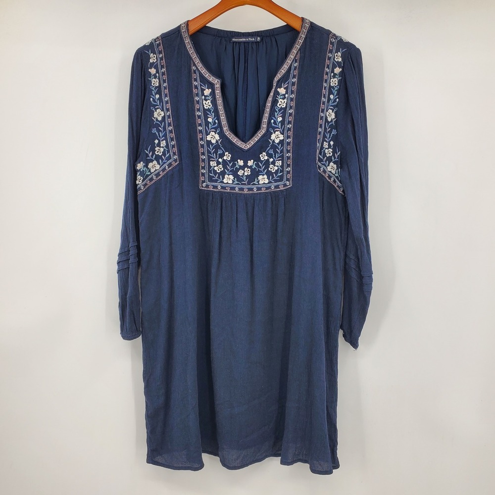 Abercrombie & Fitch Navy Blue Floral Embroidered Peasant Mini Dress XL Boho Folk